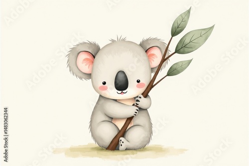 Cute cartoon koala hugging a tree branch with green leaves on a light background.