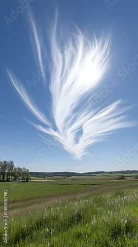 Unique cloud formation over rural farmland, sunny day, nature background, ideal for weather or landscape design