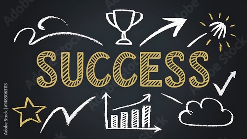 Success word art with trophy, arrows, star, checkmark, and graph on a chalkboard background illustration