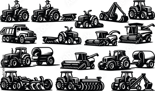 Black-and-white technical illustrations of agricultural and construction vehicles including tractors, bulldozers, excavators, dump trucks in grid layout, showcasing mechanical details, industrial desi