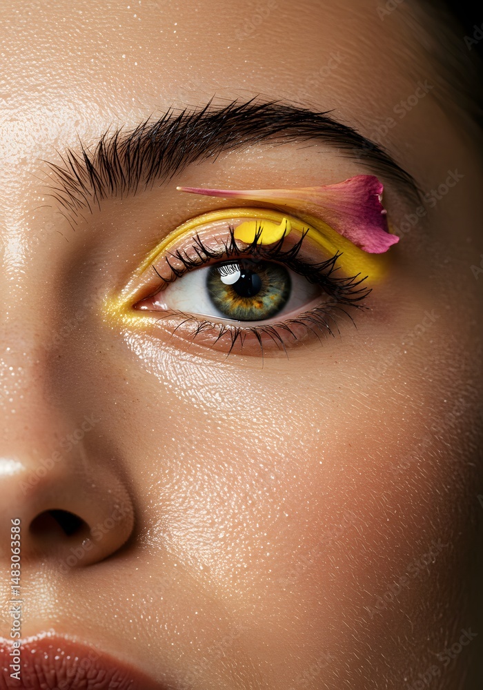 Fototapeta premium Close-up Stunning Eye Makeup Art with Flower Petal Accent, Yellow and Pink Color Palette.