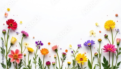 Delicate, scattered wildflowers on white background, summer, nature, floral