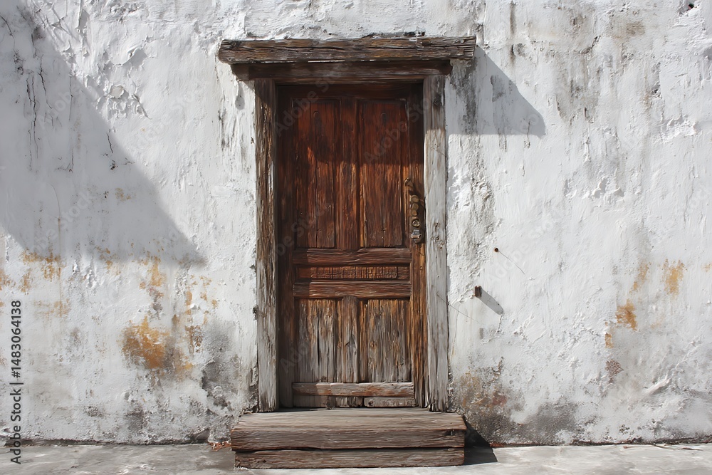 Fototapeta premium Aged brown door on white weathered wall aesthetic 