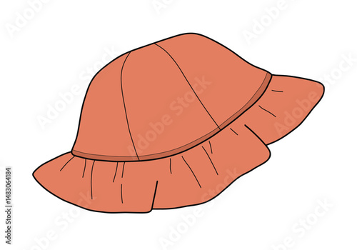 Vector illustration of summer terracotta hat with wide brim and chin strap, panama. Stylish sun protection accessory for outdoor activities, hiking, camping and traveling. Isolated on white.