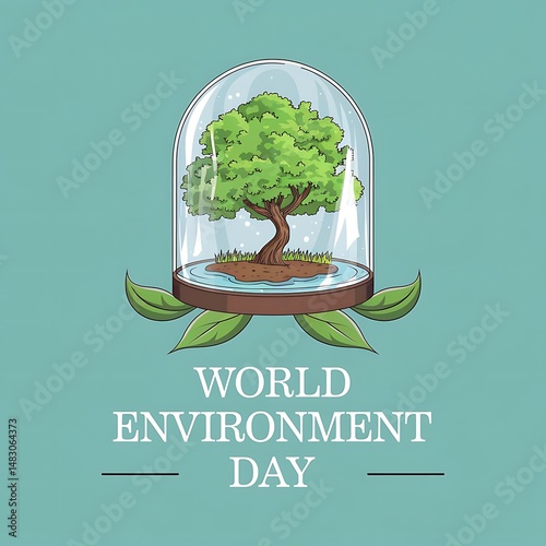 A tree in a glass dome on a wooden platform with leaves for world environment day on a blue background