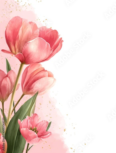 Wallpaper Mural Pink blank letterhead with bow and tulips on right, pastel watercolor style on white background, perfect for elegant invitations or stationery design. Torontodigital.ca