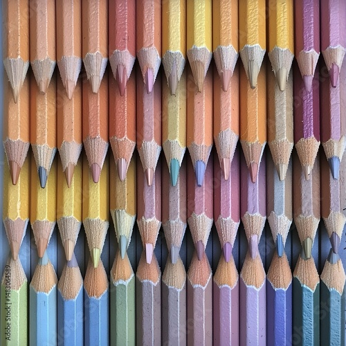 Colorful pencils arranged in rows on a white background, showcasing diverse hues and shades, ideal for art, education, or design projects