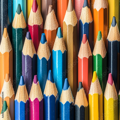 Colorful pencils arranged closely together, creating a vibrant texture; ideal for education, art, or creativity projects