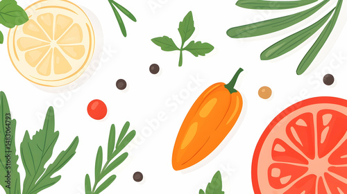 Fresh herbs, lemon, tomato, pepper slices on white. Food blog, recipe website banner