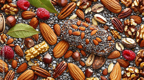 Healthy snack bar with nuts and berries, overhead shot, food photography, for recipe blogs or packaging