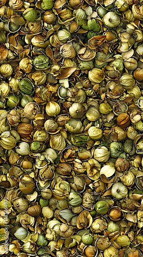 Hemp seeds harvest closeup, agricultural field background, texture for design