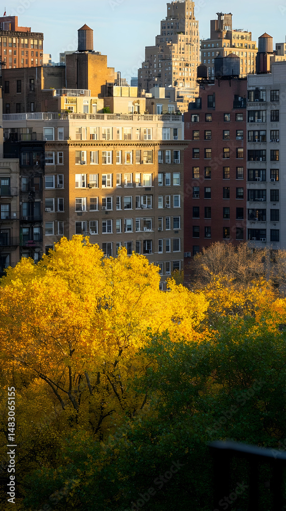 Naklejka premium Golden autumn tree in city park, urban buildings background, fall cityscape view, ideal for travel brochures