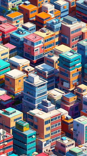 Dense city skyline, isometric view, vibrant buildings, sunny day, urban background, perfect for website or app design
