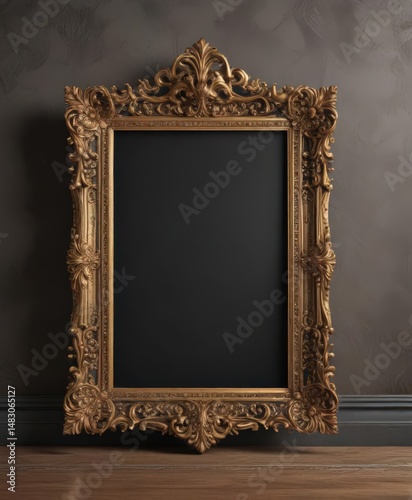 Ornate gilded frame with swirling details against plush velvet backdrop , frame, background, luxury