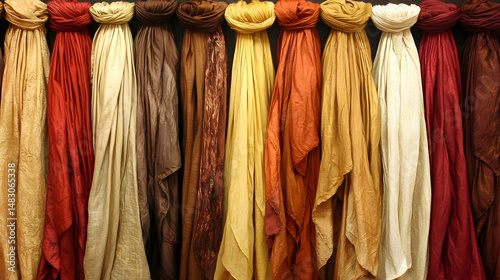 Autumnal colored scarves hanging on display, textile sample background