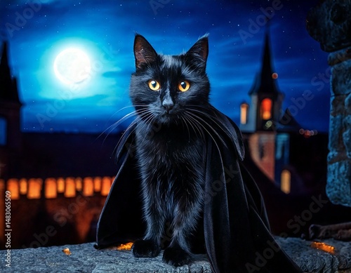 A black cat wearing a gothic vampire cape
