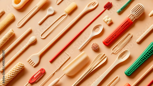 Flat lay of various beige and red kitchen utensils arranged on a peach background. Ideal for cooking blog or food website