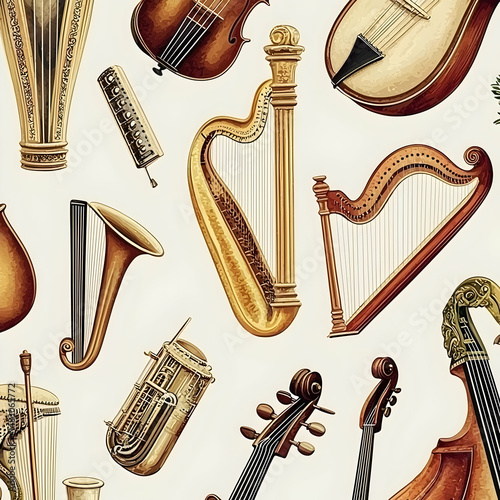 Vintage musical instruments pattern;  harp, violin, cello, horn; beige background; ideal for music-themed design