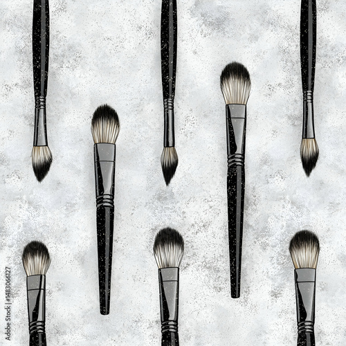 Makeup brushes pattern on textured background, beauty flatlay, cosmetic tools