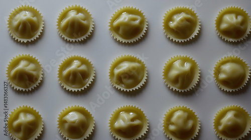 Creamy white chocolate candies arranged on a white surface, overhead shot, perfect for food blogs or packaging