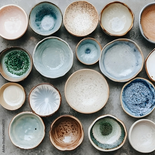 Assorted handmade ceramic bowls arranged on a grey surface; flat lay, overhead shot; perfect for food blogs, websites, or home decor