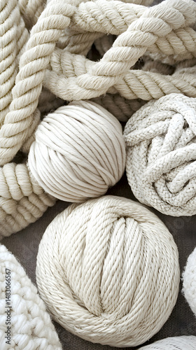 Creamy yarn balls and thick rope coils on a dark surface; crafting supplies; close-up view; home hobby background; ideal for DIY, knitting, crochet, and textile websites