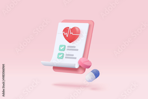 3d first aid medicine with check list for health pharmaceutical. Cartoon minimal of first aid and health care. Medical symbol of emergency help. 3d pharmacy drug icon vector render illustration