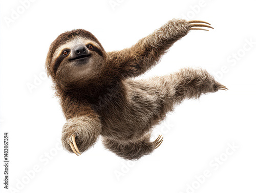 Animated 3D sloth mid-air, calm facial expression, realistic animation style with soft shading, no additional objects or context in the background - AI-Generated
