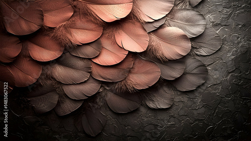 Rose gold feathers arranged on dark textured background; design element for luxury branding