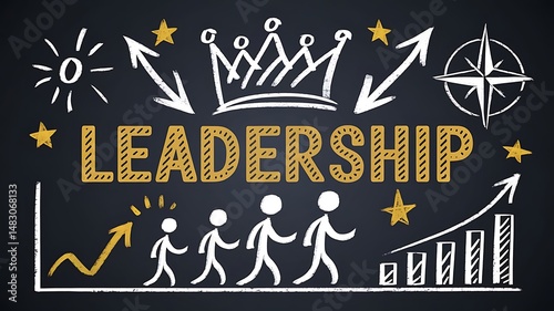 Leadership concept with crown, arrows, sun, compass, stars, graph and stick figures on blackboard art