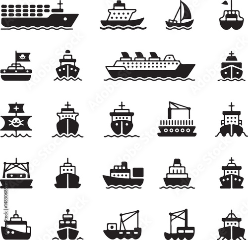 Maritime Collection: Nine varied vessel silhouettes, each a monochromatic representation of different ships, set against a seamless field. A diverse selection of craft.