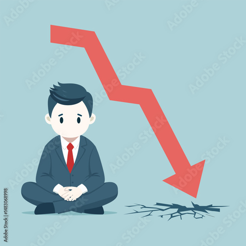 Flat vector of a sad faceless businessman beside a falling chart arrow, symbolizing financial loss. Minimal style, soft tones, ideal for finance, crisis, or business poster use.