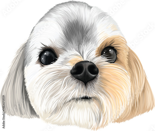 Puppy head on white background, mix dog, maltese poodle, cute pet, animal
