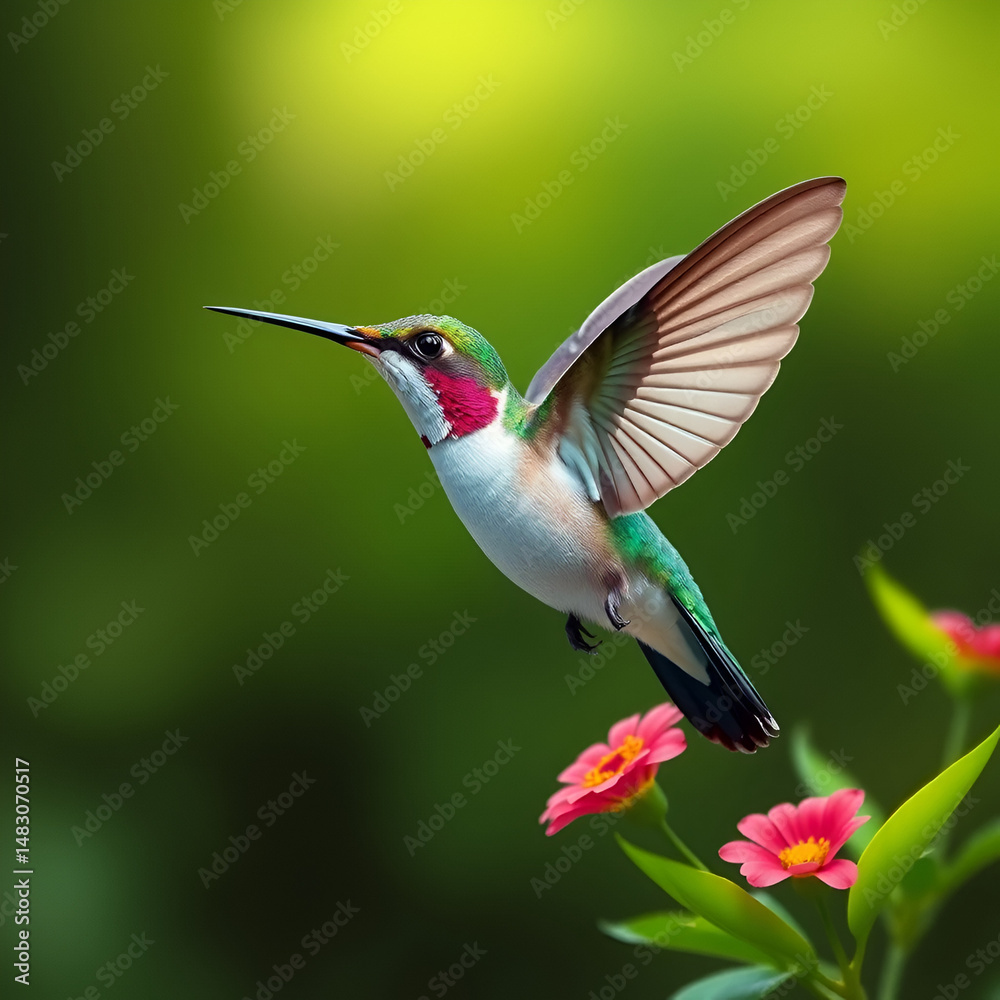 Fototapeta premium Hummingbird flying gracefully above, with plenty of space for copy or additional design