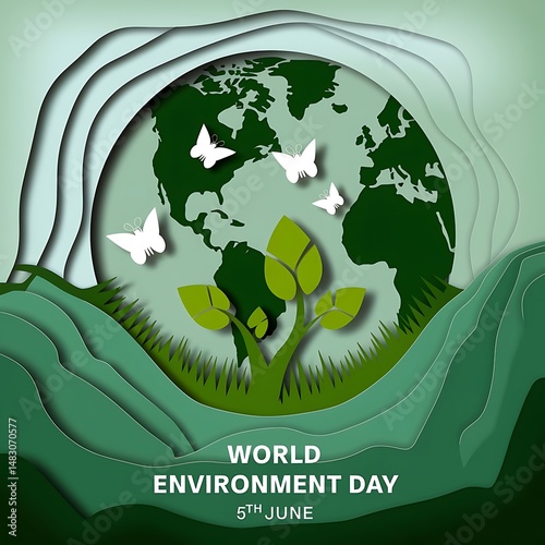 World environment day illustration with earth butterflies and layered paper cut design style art