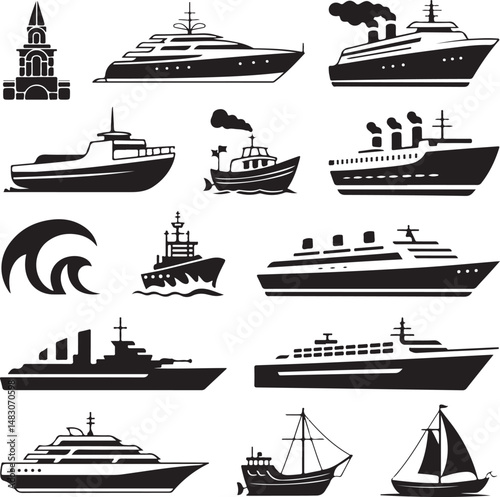 Maritime Collection: Nine varied vessel silhouettes, each a monochromatic representation of different ships, set against a seamless field. A diverse selection of craft.