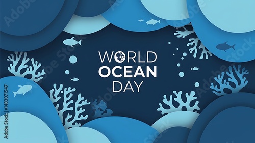 World ocean day illustration with layered blue paper cutouts of waves, fish and coral on dark blue background