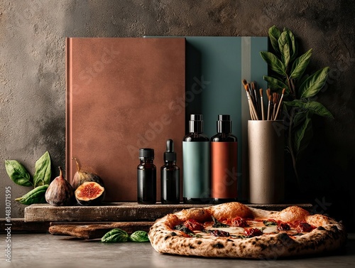 Collection of items on a concrete surface, centerpiece with open boxed set 3 bottles, booklet, green cushion, rustic charm, bread, pizza, herbsspices, rich colors, soft lighting, rea - AI-Generated