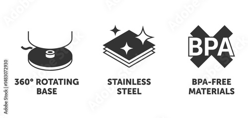 Electric kettle icons - BPA-free materials, Rotating base, Stainless steel. in monochrome style