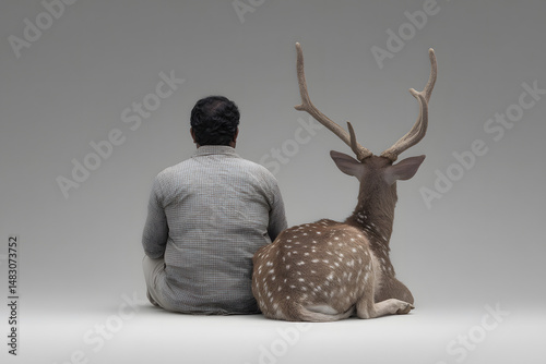 South Asian man sitting side by side with antlered deer, both facing away in portrait