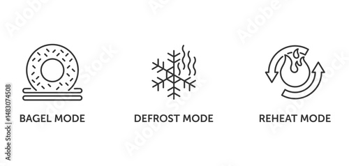 Toaster icons set - Defrost, Reheat, Bagel mode. in thin line