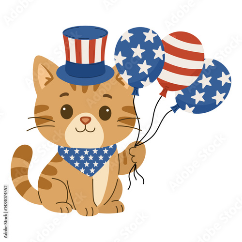  Cute cat holding balloons and wearing a hat and scarf in red, white, and blue colors, suitable for festive and patriotic designs