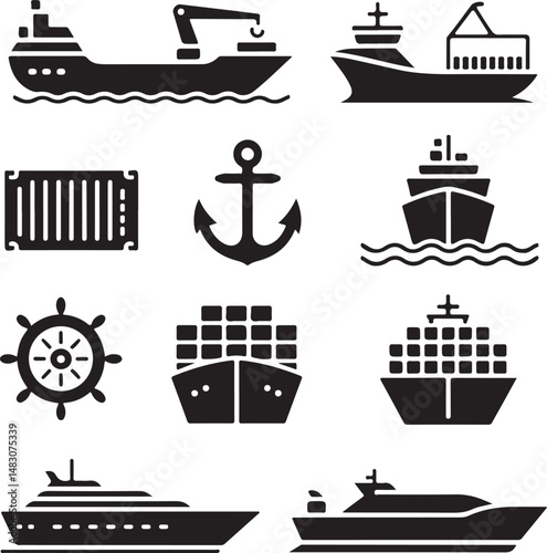 Maritime Collection: Nine varied vessel silhouettes, each a monochromatic representation of different ships, set against a seamless field. A diverse selection of craft.