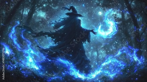 Mysterious wizard casting spells in a lush green forest surrounded by ancient trees