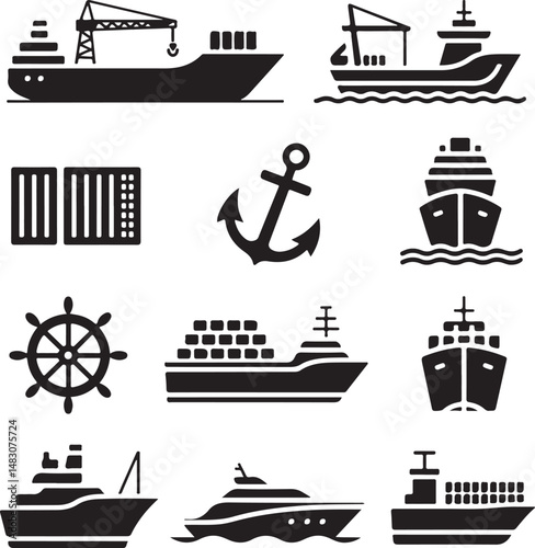 Maritime Collection: Nine varied vessel silhouettes, each a monochromatic representation of different ships, set against a seamless field. A diverse selection of craft.