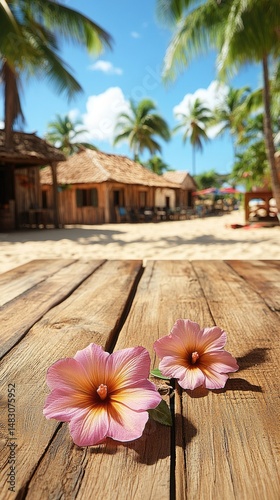 Tropical beach scene with flowers on a wooden surface