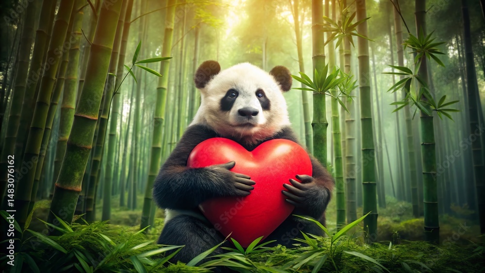 Obraz premium Adorable Panda Holding Red Heart: Valentine's Day Wildlife Concept