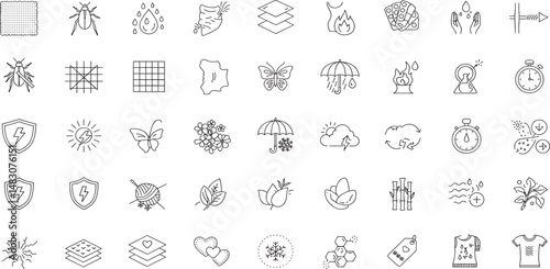 Fabric Features line Editable Icons set. Vector illustration in thin line modern style of textile related icons: Thermo, recycled, bamboo, and more.