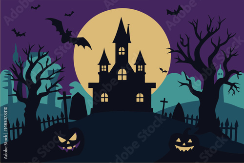 haunted house, spooky castle, full moon, bats, jack-o-lanterns, silhouetted trees, creepy atmosphere, dark gothic landscape, Halloween theme, digital art, fantasy illustration
