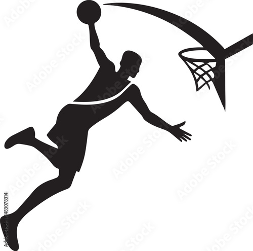 basketball player silhouette, dunking, black and white graphic, minimalist, sports illustration, dynamic action pose
